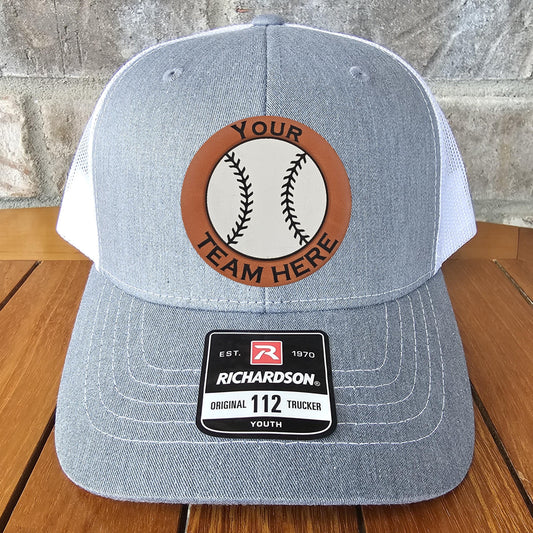 Personalized Kids Baseball Trucker Cap Hat, Leather Patch Hat, Richardson 112 Snapback, Player Gift, Student Gift, Sports Hat, Team Gift