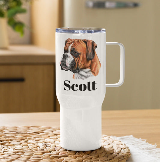 Custom Boxer Dog Travel Mug Tumbler with Handle, Stainless Steel BPA-free plastic Cup, 25 Ounce Mug, Dad Dog Lover Gift