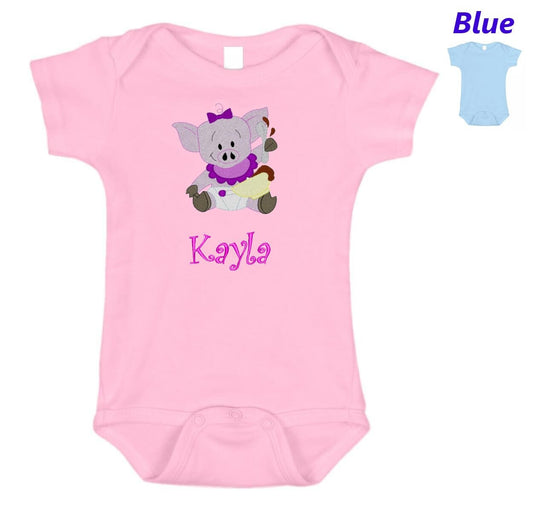 Personalized Baby Onesie Pink Blue Embroidered Baby Pig Newborn One Piece Body Suit Baby Shower Gift Monogrammed Your Baby's Name