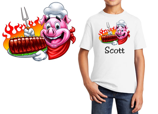 Personalized Kids T-Shirt BBQ Pig Ribs Grille Design, T-Shirt, Colorful, Cotton, Low Price Inexpensive Tee Shirt, Student Gift, School Gift
