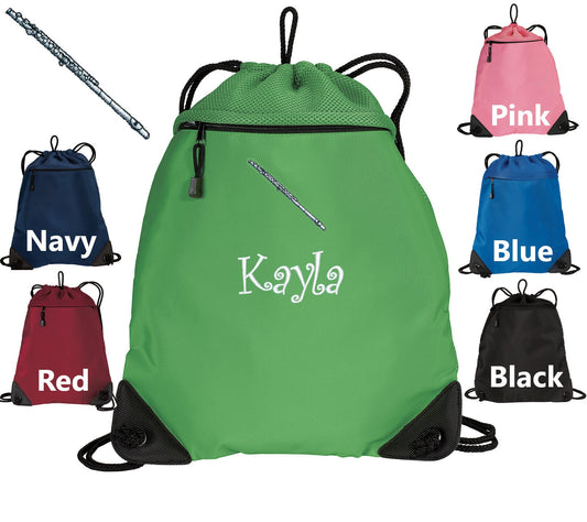 Personalized Kids Cinch Pack Flute Design, Drawstring Gym School PE, Pool Backpack, Monogrammed Custom Name, Perfect Kids Band Gift