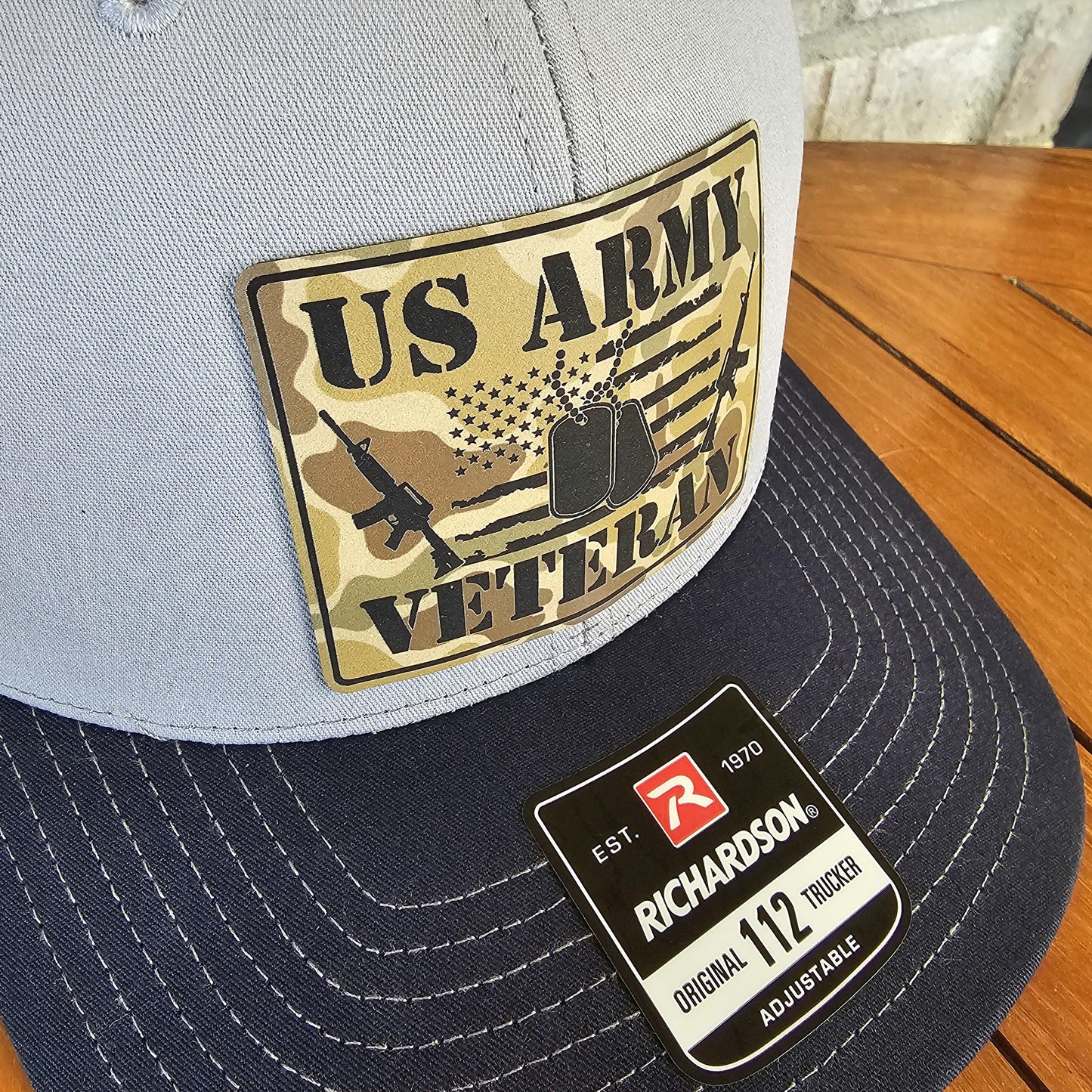 Army Veteran Leather Patch Trucker Hat, Richardson 112, US Army Veteran Camo Hat, Military Gift, Flag, Dad Gift, Army Cap, Laser Engraved