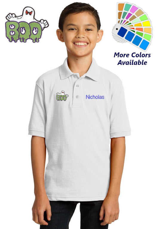Personalized Kids Polo Shirt Embroidered Ghost Boo Halloween Monogrammed with a Name or Text of Your Choice