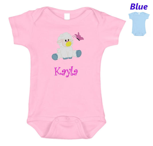 Personalized Baby Onesie Pink Blue Embroidered Baby Lamb Sheep Newborn One Piece Body Suit Baby Shower Gift Monogrammed with Your Babys Name