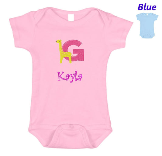 Personalized Baby Onesie Pink Blue Embroidered Letter G Giraffe Newborn One Piece Body Suit Baby Shower Gift Monogrammed Your Baby's Name