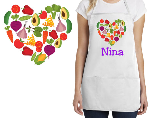 Personalized Kids Apron Vegetable Heart Design, Monogrammed Chef Gift, Chef Gift, Cooking Party, Art Party, School Aprons, Printed Apron