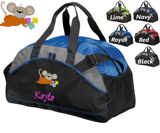 Personalized Kids Duffel Bag Gym Bag School PE Contrast Piping and Stitching Embroidered with Mouse and Name or Text of Your Choice