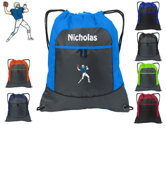 Personalized Kids Cinch Pack Drawstring, Football Player Design, Gym School PE Sports Backpack, Embroidered Monogrammed Custom Name Gift