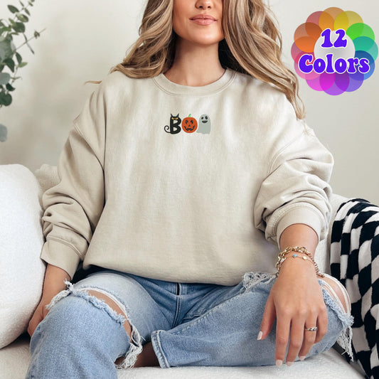 Embroidered Halloween Ghost Sweatshirt, Sweatshirt Boo Pumpkin Design and Name, Black Cat Sweatshirt, Mom Gift, , Womens Unisex