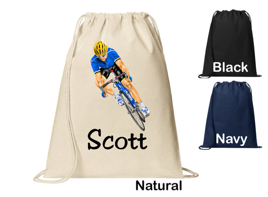 Personalized Cycling Bicycle Cinch Pack, Drawstring Gym School PE Pool Backpack, Printed Monogrammed Custom Name, Perfect Gift
