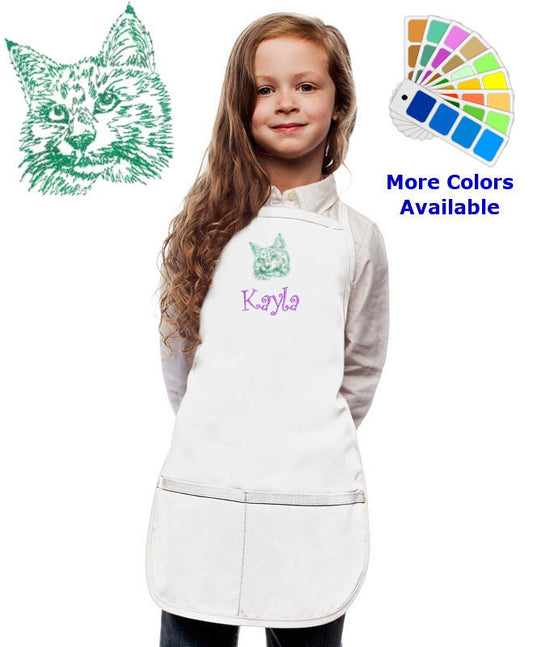 Personalized Kids Apron with Bobcat Cat Embroidery Design