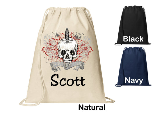 Personalized Goth Skull Dagger Knife Design Cinch Pack, Drawstring Gym School Pool Backpack, Printed Monogrammed Custom Name, Perfect Gift