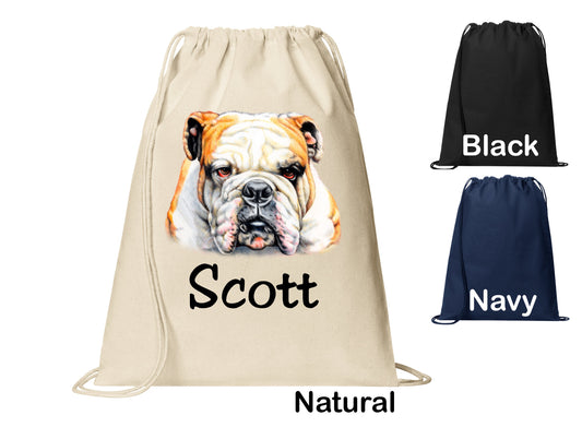 Personalized Bulldog Bull Dog Cinch Pack, Drawstring Gym School PE Pool Backpack, Printed Monogrammed Custom Name, Perfect Gift