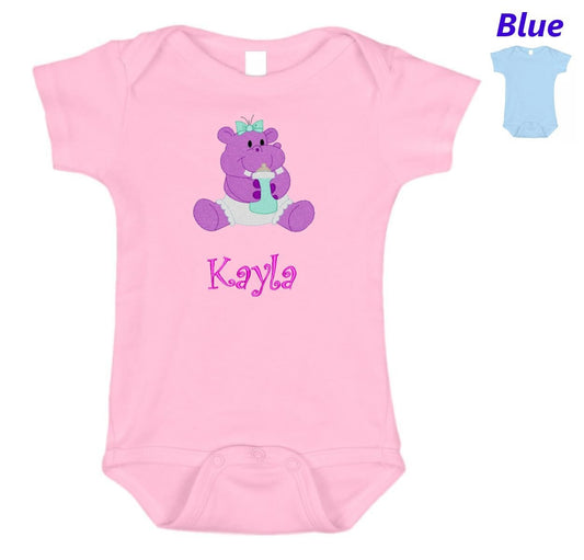 Personalized Baby Onesie Pink Blue Embroidered Baby Hippo Newborn One Piece Body Suit Baby Shower Gift Monogrammed with Your Baby's Name