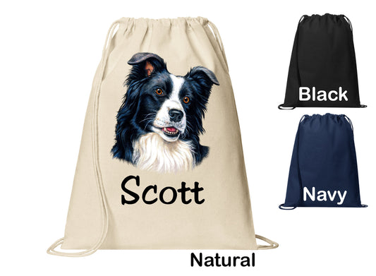 Personalized Border Collie Dog Cinch Pack, Drawstring Gym School PE Pool Backpack, Printed Monogrammed Custom Name, Perfect Gift