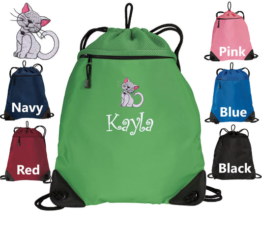 Personalized Kids Cinch Pack, Drawstring Gym School PE Pool Backpack, Embroidered Cat Kitten, Monogrammed Custom Name, Kids Gift
