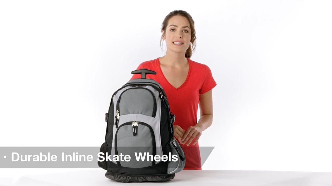 Personalized Rolling Backpack, Inline Skate Wheels, Embroidered Monogrammed Name, Side Pockets, College Student Gift, Large Backpack Handle