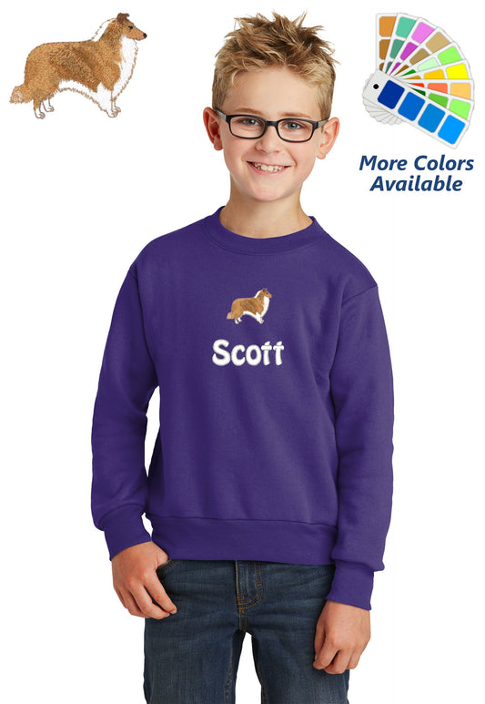 Personalized Kids Collie Sheltie Dog Sweatshirt Embroidered Name Unisex Girl or Boy Gift with Monogrammed Name Sports Gift Crewneck Sweater