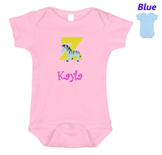 Personalized Baby Onesie Pink Blue Embroidered Letter Z Zebra Newborn One Piece Body Suit Baby Shower Gift Monogrammed Your Baby's Name
