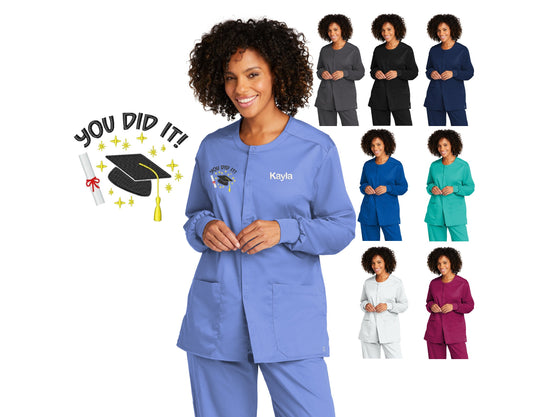Personalized Unisex Nurse Graduation Scrubs Jacket, You Did It, Custom Embroidered Name, Doctor, Veterinarian, Hospital, Medical Apparel
