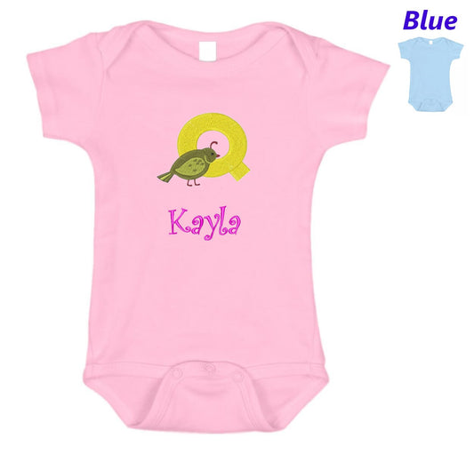 Personalized Baby Onesie Pink Blue Embroidered Letter Q Quail Newborn One Piece Body Suit Baby Shower Gift Monogrammed Your Baby's Name