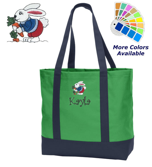 Personalized Tote Bag Embroidered Bunny Rabbit Peter Cotttontail with Name of Your Choice Perfect Gift