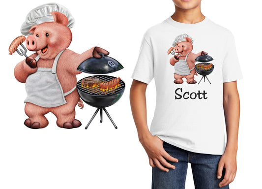 Personalized Kids T-Shirt BBQ Pig Chef Grille Design, T-Shirt, Colorful, Cotton, Low Price Inexpensive Tee Shirt, Student Gift, School Gift