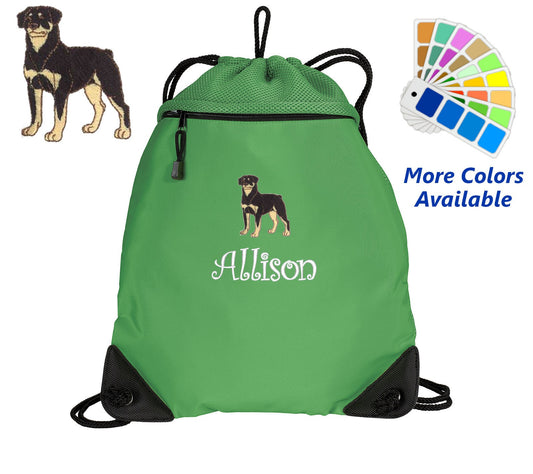 Personalized Cinch Pack, Drawstring Gym School PE, Pool Backpack, Embroidered Rottweiler Dog, Monogrammed Custom Name, Perfect Gift