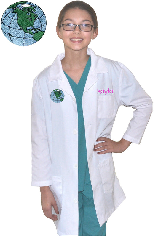 Embroidered Personalized Kids Lab Coat with Earth Desgn for little Doctors, Nurses and Scientists