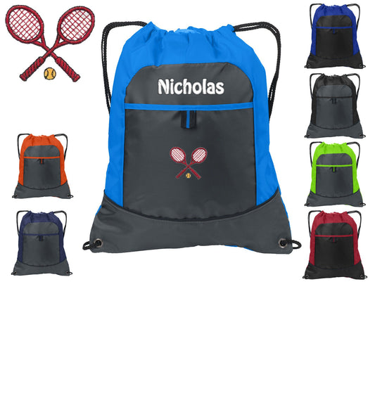 Personalized Kids Cinch Pack Drawstring, Tennis Racket Design, Gym School PE Pool Backpack Embroidered Monogrammed Custom Name School Gift
