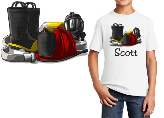 Personalized Kids T-Shirt Firefighter Equipment Design, T-Shirt, Colorful, Cotton, Low Price Inexpensive Tee Shirt, Student School Gift