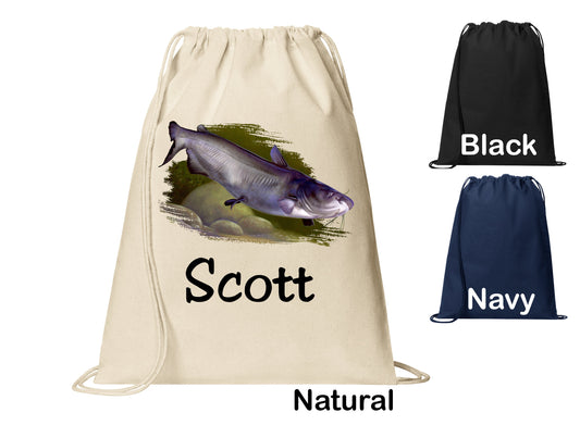 Personalized Catfish Fish Fishing Cinch Pack, Drawstring Gym School PE Pool Backpack, Printed Monogrammed Custom Name, Perfect Gift