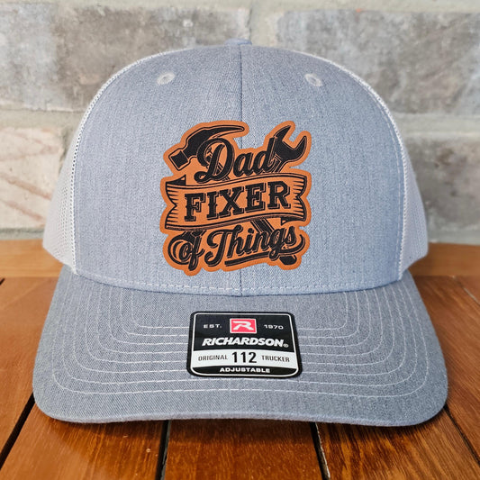 Dad Fixer Leather Patch Trucker Hat, Richardson 112, Dads Work Cap, Funny Hat, handyman Hat, Dad Gift, Skull, Laser Engraved