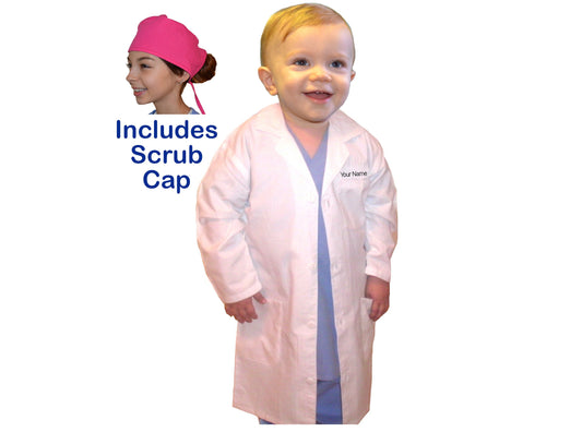 Toddler Lab Coat with Scurb Cap and Personalized Embroidery, Monogrammed Child Doctor Coat with Name