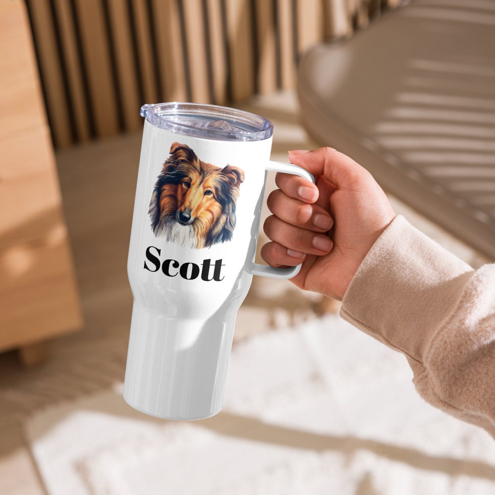 Custom Collie Sheltie Dog Travel Mug Tumbler with Handle, Stainless Steel BPA-free plastic Cup, 25 Ounce Mug, Dad Mom Dog Lover Gift