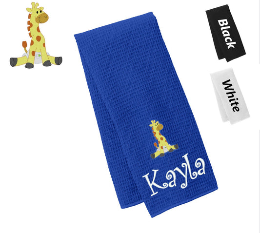 Personalized Towel Giraffe Design, Kitchen Towel, Hand Towel, Bathroom Towel, Waffle Microfiber, Embroidered Name, Kids Gift, Mom Gift