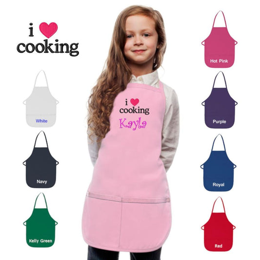 Personalized Kids Apron with I Love Cooking Embroidery Design, Monogrammed Chef Uniform, Art Gift, Chef Gift, Cooking Party, School Aprons