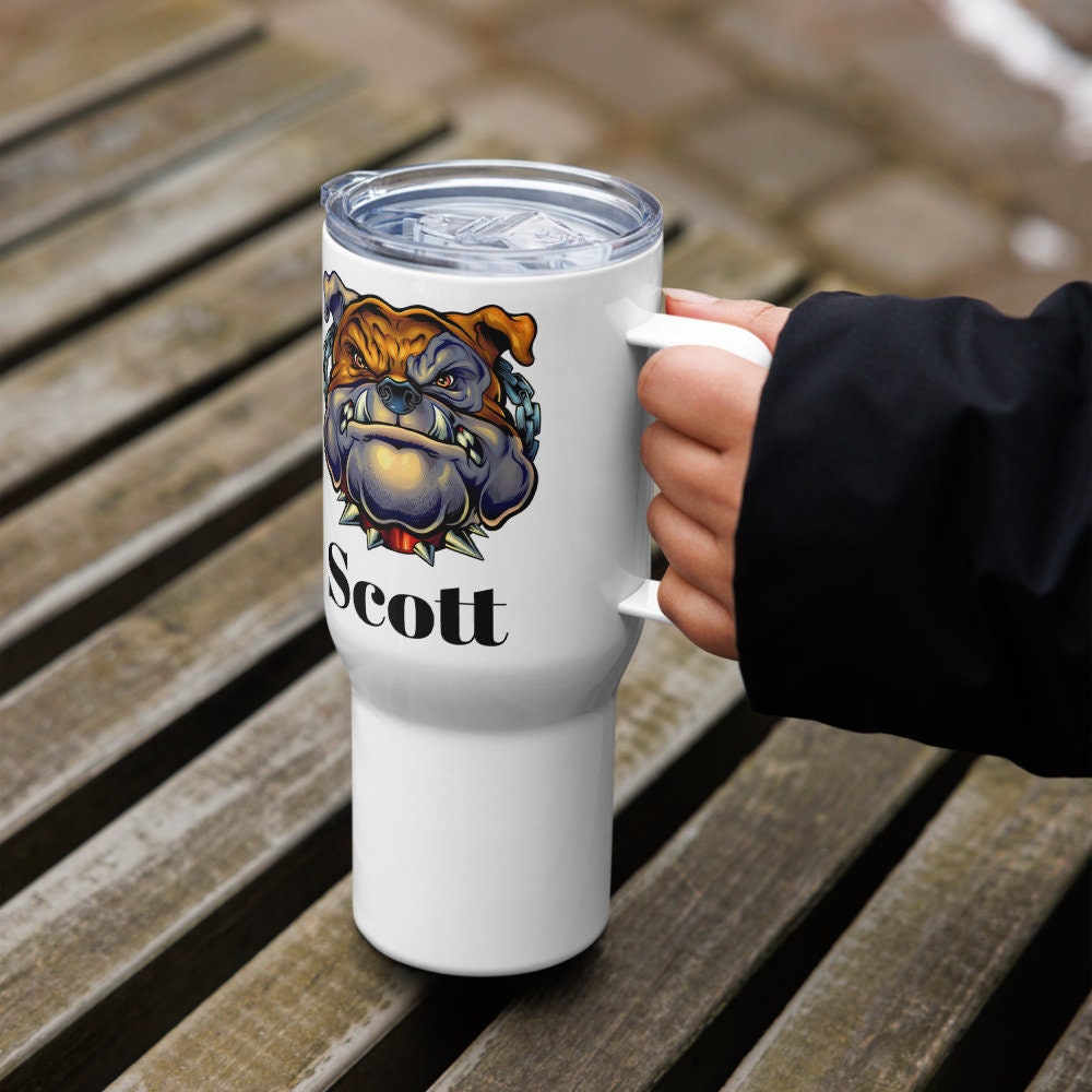 Custom Bulldog Dog Travel Mug Tumbler with Handle, Stainless Steel BPA-free plastic Cup, 25 Ounce Mug, Dad Mom Dog Lover Gift