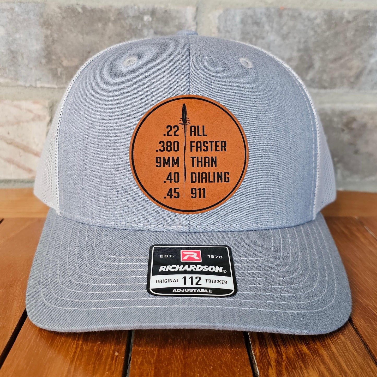 Faster Than 911 Leather Patch Trucker Hat, Richardson 112, Gun Rights Cap, Second Amendment, Dad Gift, Husband Gift, Laser Engraved