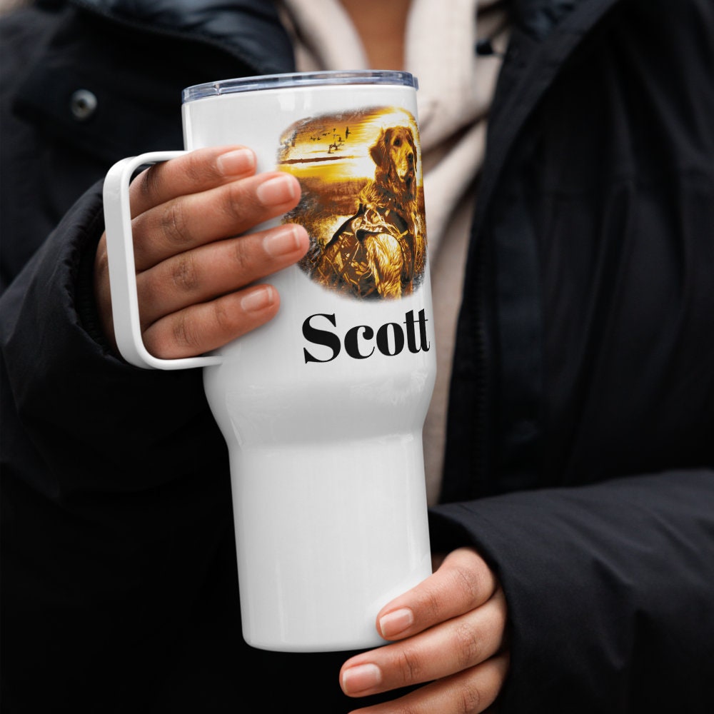 Custom Golden Retriever Hunting Dog Travel Mug Tumbler with Handle, Stainless Steel BPA-free Cup, 25 Ounce Mug, Dad Mom Dog Lover Gift