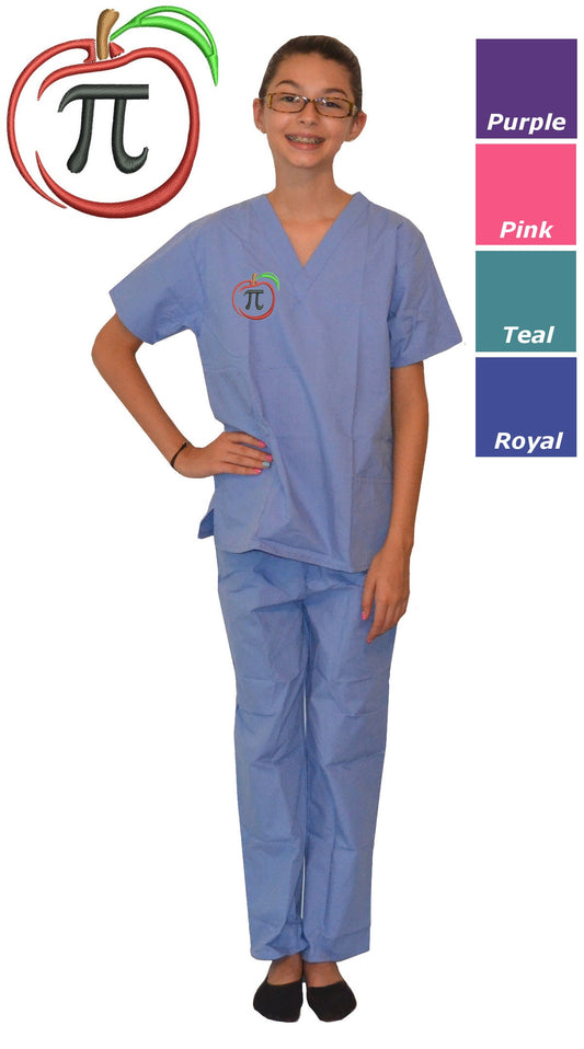 Kids Math Scrubs with Apple Pi Symbol Embroidery Design