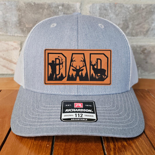 Dad Deer Hunter Leather Patch Trucker Hat, Richardson 112, Deer Hunter Hat with Dad, Dad Gift Husband Gift, Sportsman Gift, Laser Engraved