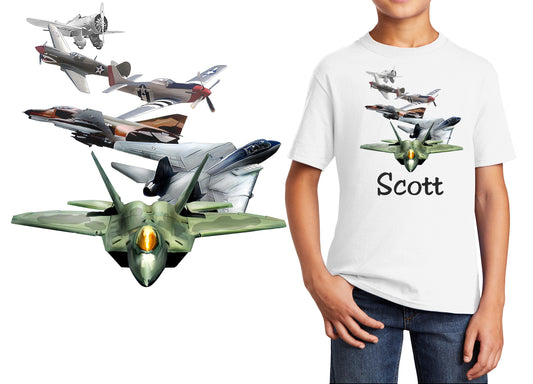 Personalized Kids T-Shirt Fighter Jet History Design, T-Shirt, Military, Cotton, Low Price Inexpensive Tee Shirt, Kids Gift, Student Gift