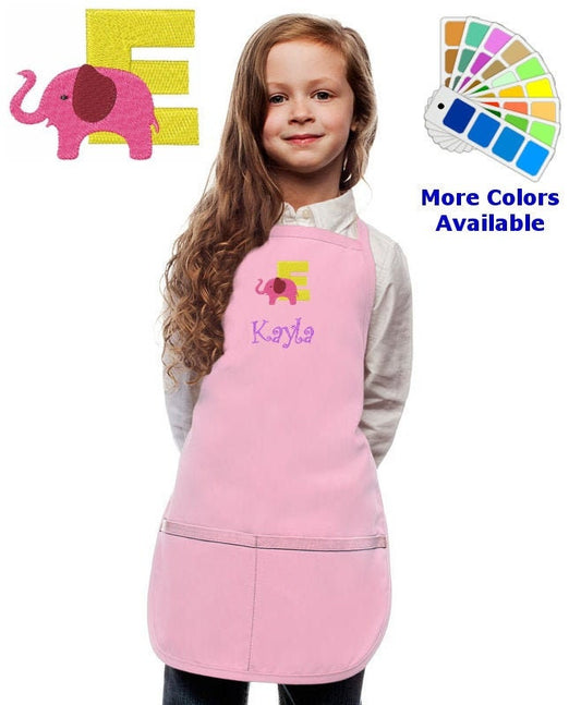 Personalized Kids Apron with Animal Alphabet Letter E Elephant Embroidery Design, Monogrammed Art Smock, Childrens Apron, Cooking Gift