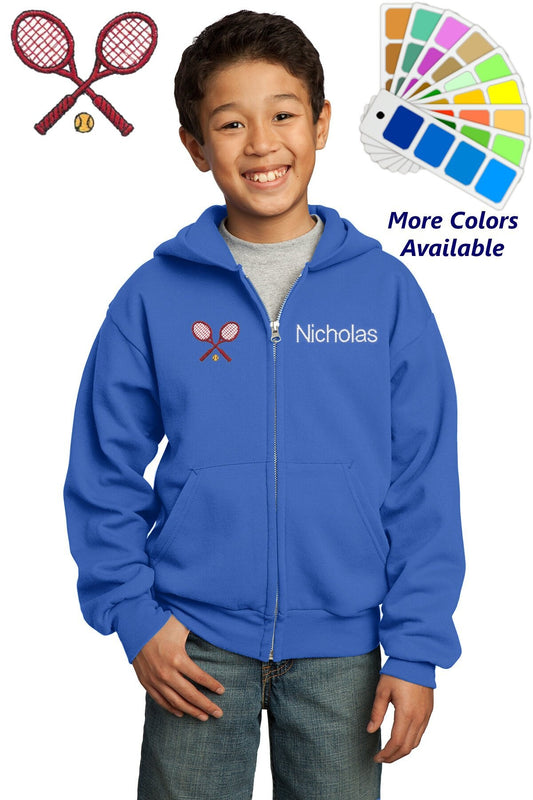 Personalized Kids Tennis Hoodie Sweatshirt Zipper Embroidered Tennis Design with a Name of Your Choice
