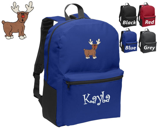 Personalized Kids Backpack Embroidered Rudolph Reindeer Monogrammed with Name of Your Choice Perfect Kids School Gift
