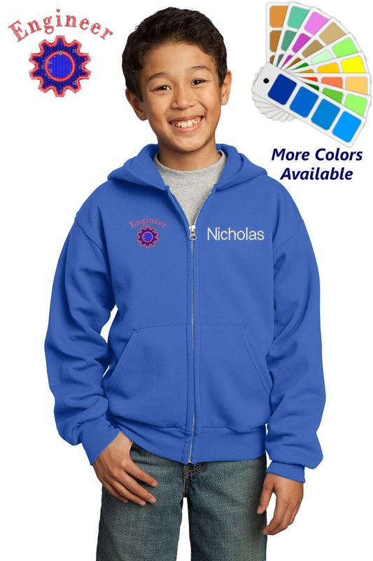 Personalized Kids Hoodie Sweatshirt Zipper Embroidered Engineer Gear Design with a Name of Your Choice