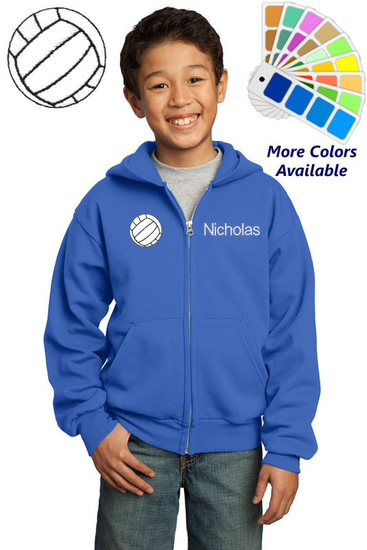 Personalized Kids Volleyball Hoodie Sweatshirt Zipper Embroidered Volleyball Design with a Name of Your Choice