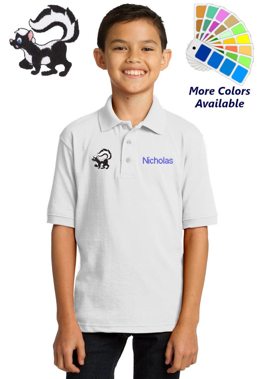 Personalized Kids Polo Shirt Embroidered Skunk Monogrammed with a Name or Text of Your Choice