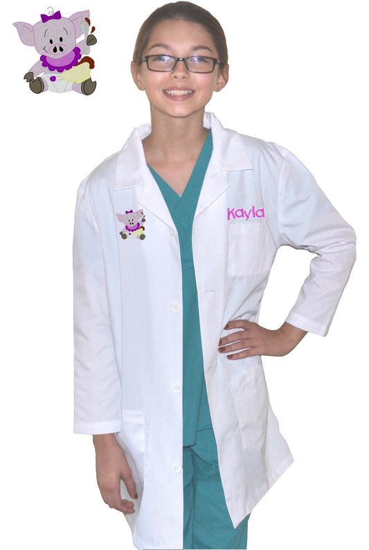Personalized Kids Lab Coat with Pig Embroidery Design, Veterinarian Lab Coat, Birthday Gift, Childrens Lab Coat Monogrammed Name